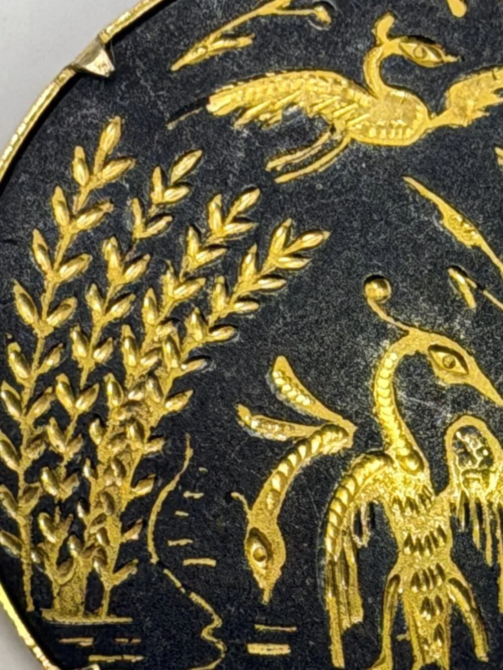 Vintage Damascene Brooch Black Crane Water Cattails Trombone Clasp